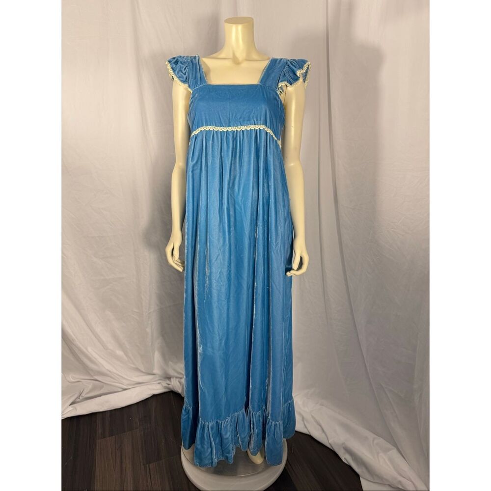 Vintage 70s Sky Blue Velour Maxi Dress Empire Waist Lace Trim Flutter Sleeve Pra